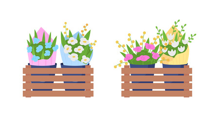 Fototapete - Bouquets on shelves flat color vector object set. Floral arrangements for selling. Retail service. Flower shop isolated cartoon illustration for web graphic design and animation collection