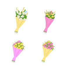 Fototapete - Bouquets, flowers with messages flat color vector object set. Romantic gifts for Valentine day, birthday, anniversary isolated cartoon illustration for web graphic design and animation collection