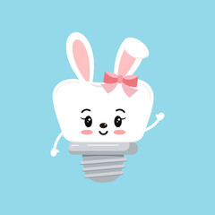 Sticker - Easter tooth dental implant icon isolated. Orthodontist dentistry tooth easter character with bunny ears and bow. Flat design cartoon vector clip art dental kid illustration.