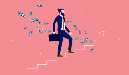 Wall Mural - Career ladder and money - Businessman walking up stairs earning money. Business and career growth concept. Vector illustration.