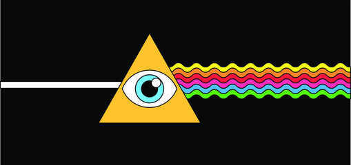 Aufkleber - Flat cartoon-style illustration with a triangular dispersive optical prism scattering light into the spectral components of the colors of the rainbow. 