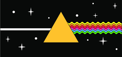 Poster - Flat cartoon-style illustration with a triangular optical prism dispersing light. Psychedelic 70's mood poster. 