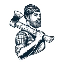 Silhouette of carpenter or axeman. Woodworker and logger with axe in his hands. Monochrome print of beardeded lumberjack