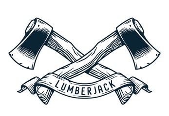 Wall Mural - Logo, emblem with sharp axe of lumberjack and axeman. Hatchet or ax for woodworker and logger. Chop tool for print design