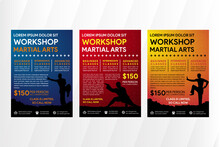 Set Of Workshop Martial Arts Sport Vertical Flyer. Transparency Wave Circle Japan Pattern. People Illustration In Black. Red, Blue And Yellow Gradient Background Combined With Yellow Text.