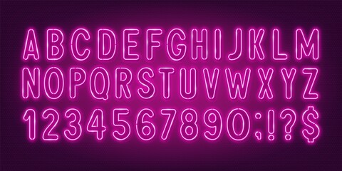 Wall Mural - Pink neon light font on a dark background.