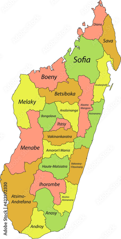 Pastel vector map of the Republic of Madagascar with black borders and ...