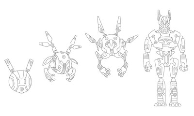 Aufkleber - Robot sketchs. Line drawing evolution of robots concept.  isometric robots from simple single-task machine to modern service robotics. Artificial intelligence, alien machine