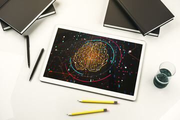 Poster - Top view of modern digital tablet screen with creative human brain microcircuit. Future technology and AI concept. 3D Rendering