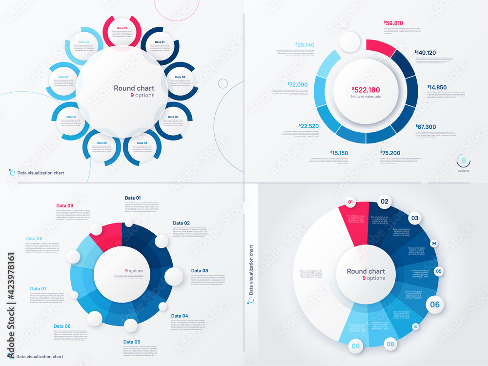Vector infographic round chart templates. Nine options, steps, parts ...