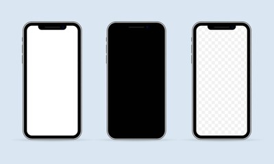 Poster - Realistic smartphone screen mockup set. Phone frame with blank display isolated templates. Mobile device concept. Vector EPS 10. Isolated on white background