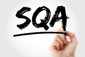 Aufkleber - sqa - software quality assurance acronym with marker, business concept background