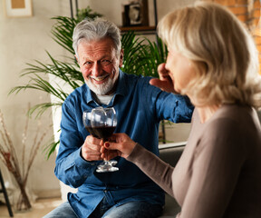 Wall Mural - Senior woman and man drinking wine at home. Husband and wife celebrate the anniversary.