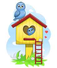Cute Cartoon Yellow Bird House With Blue Birds, Vector Illustration Isolated On White.
