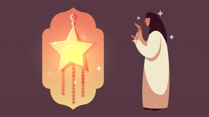 Poster - ramadan kareem animation with muslim woman praying and golden star