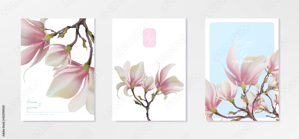 Magnolia flower, vector pink blossom. Sakura floral design. 3d minimal illustration, rose bloom. - obrazy, fototapety, plakaty 