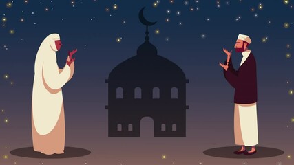 Poster - ramadan kareem animation with muslim couple praying characters in temple