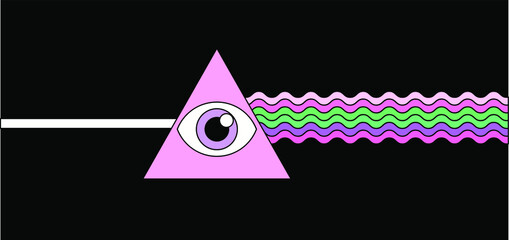 Poster - Flat cartoon-style illustration with a triangular dispersive optical prism scattering light into the spectral components of the colors of the rainbow. 