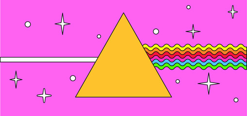 Poster - Flat cartoon-style illustration with a triangular optical prism dispersing light. Psychedelic 70's mood poster. 