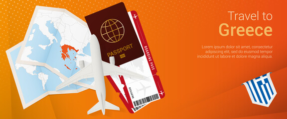 Travel to Greece pop-under banner. Trip banner with passport, tickets, airplane, boarding pass, map and flag of Greece.