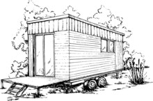 Tiny House Monochromatic Sketch Concept. Highly Detailed Freehand Drawing With Trees On Background