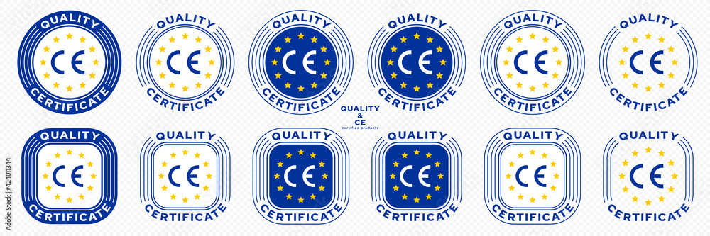 CE marking is a mark for products informing about compliance with the essential requirements of directives and harmonized standards of the European Union. Vector icon quality guarantee.  - obrazy, fototapety, plakaty 