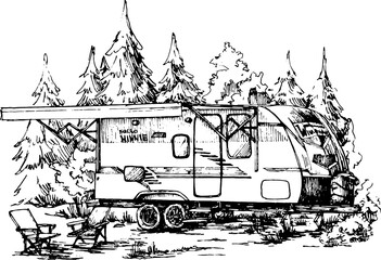 Camper Van Illustration Trailer House Black and White Sketch