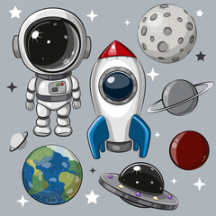 Wall Mural - set of astronaut, rocket and planets
