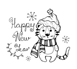 vector doodle illustration christmas and new year. year of the tiger. holiday postcard. lettering