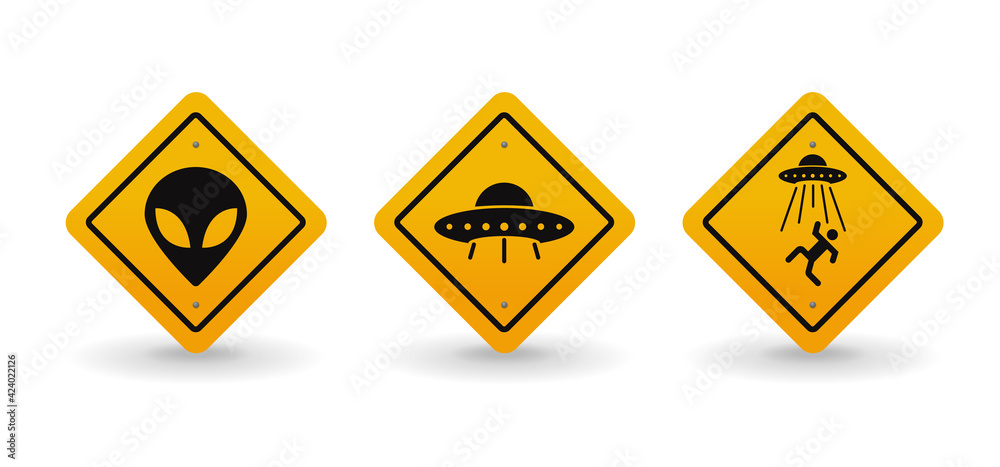 Alien and UFO warning road sign collection set, vector illustration ...