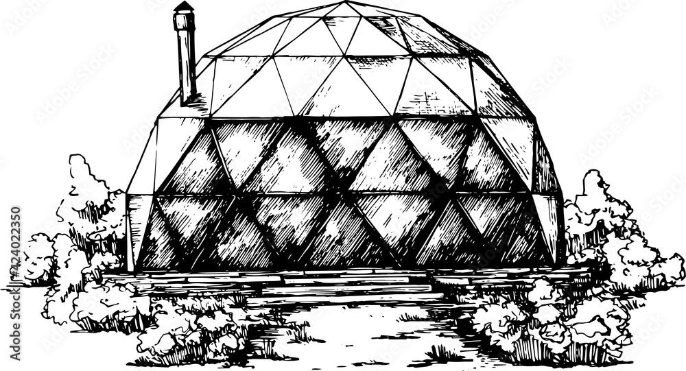 geodesic dome black and white sketch exterior front elevation. geodesic ...
