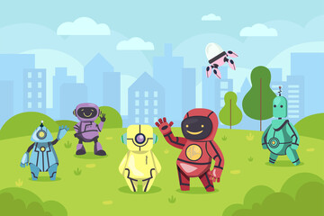 Poster - robots waving hand in front of summer landscape illustration. friendly electronic cyborgs smiling an
