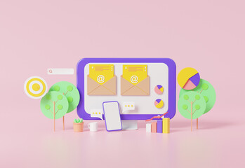 Aufkleber - Digital document Optimization web analytics email marketing development concept with Through smartphone screen blank on pink pastel. Advertising illustration, 3D rendering