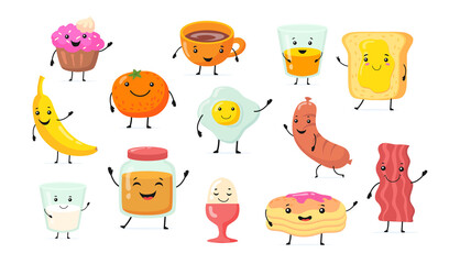 Wall Mural - Set of cute funny breakfast food cartoon characters. Flat vector illustration. Kawaii food with smiling faces, hands and legs. Cooking, food, breakfast concept for advertising, apps