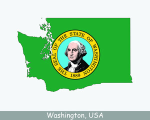 Wall Mural - Washington State Map Flag. Map of WA, USA with the state flag isolated on a white background. United States, America, American, United States of America, US State. Vector illustration.