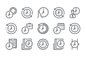 Poster - Time management and measurement line icon set. Work time and clock manage linear icons. Watch and time period outline vector sign collection.