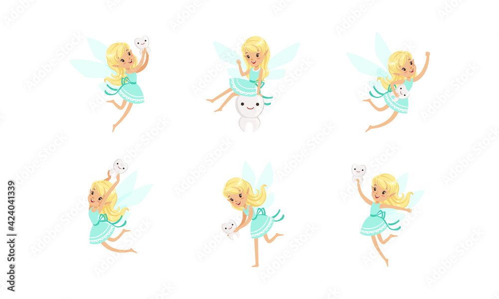 Lovely Little Tooth Fairy Set, Cute Blonde Girl with Wings in Blue ...