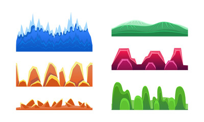 Poster - Colorflul Hills and Mountains Set, Seamless Landscape Design Element for Game Interface, Horizontal Nature Background Cartoon Vector Illustration