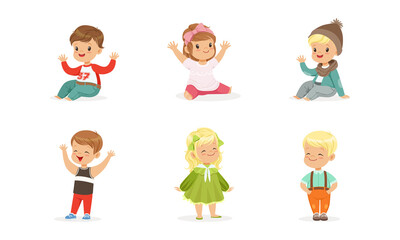 Poster - Cute Adorable Kids Set, Cheerful Boys and Girls Dressed Bright Casual Clothes Cartoon Vector Illustration