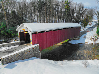 Aerial photo of Siegrist's Mill Covered Bridge and countryside in Lancaster County Pennsylvania