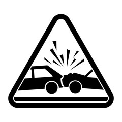 Wall Mural - Caution car accident sign. Risk of vehicles crash warning sign. Vector illustration of black and white triangle sign with car crash icon inside. Vehicles collision symbol. Transportation wreck.