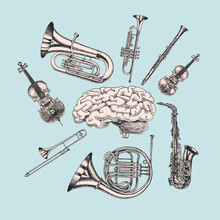 Music And Brain In Vintage Style. Jazz Musical Trombone Trumpet Flute French Horn Saxophone. Hand Drawn Sketch For Tattoo Or T-shirt Or Woodcut. Vintage Vector Illustration For Blues Poster Or Banner.