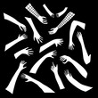 © Rina Ka - Set of white silhouettes of hands in different gestures drawn in freehand doodle style isolated on black background. Perfect for design of kids playroom, textiles, stickers, packaging.