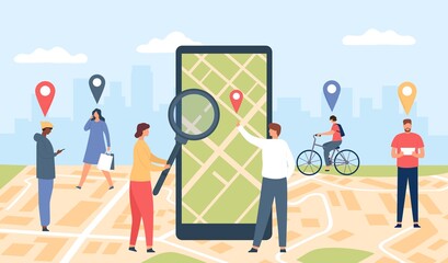 Poster - tracking online application. smartphone with gps app on screen, city location map and walking people