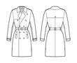 Trench coat technical fashion illustration with belt, fitted, long sleeves, napoleon wide lapel collar, knee length, storm flap. Flat jacket template front, back, white color. Women unisex CAD mockup