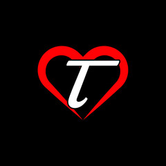 T with Red love shape. Love letter T logo vector design for valentines day sale background with heart icon. T letter with heart vector on black background. T love letter logo design