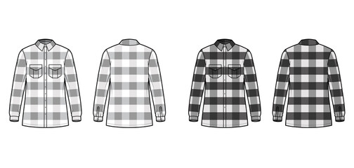 Sticker - Lumber jacket technical fashion illustration with Buffalo Check motif, oversized body, flap pockets, long sleeves. Flat apparel front, back, white, grey color style. Women, men unisex CAD mockup