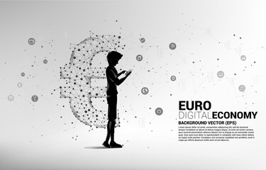 Wall Mural - businessman with mobile phone and money euro currency icon from Polygon dot connect line. Concept for europe financial network connection.