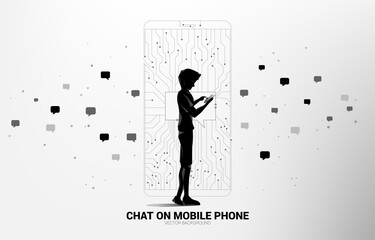 Poster - businessman with mobile phone and chat bubble on mobile phone from dot connect line circuit board style. concept of communication network and chat bot technology.
