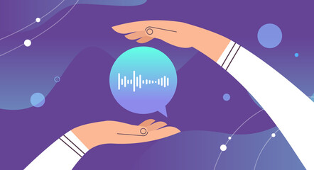 Poster - hands holding audio voice message speech audio chat application social media online communication concept